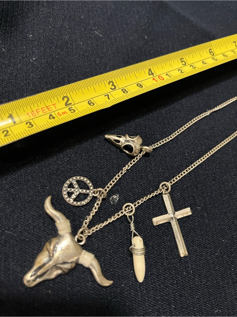 Mens Hand Crafted Silver Tone Layered Necklace with 5 pendants.